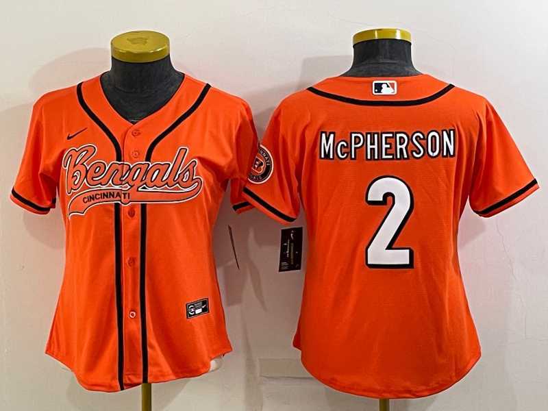 Womens Cincinnati Bengals #2 Evan McPherson Orange With Patch Cool Base Stitched Baseball Jersey->women nfl jersey->Women Jersey